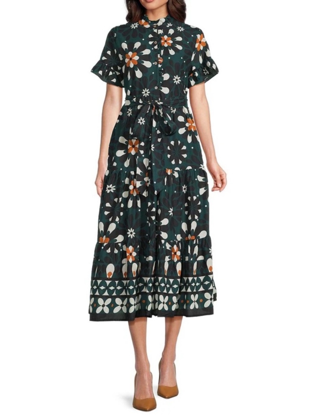 NWT J. Marie Maxine Short Sleeve Button Front Midi Dress Green Floral Sz XL